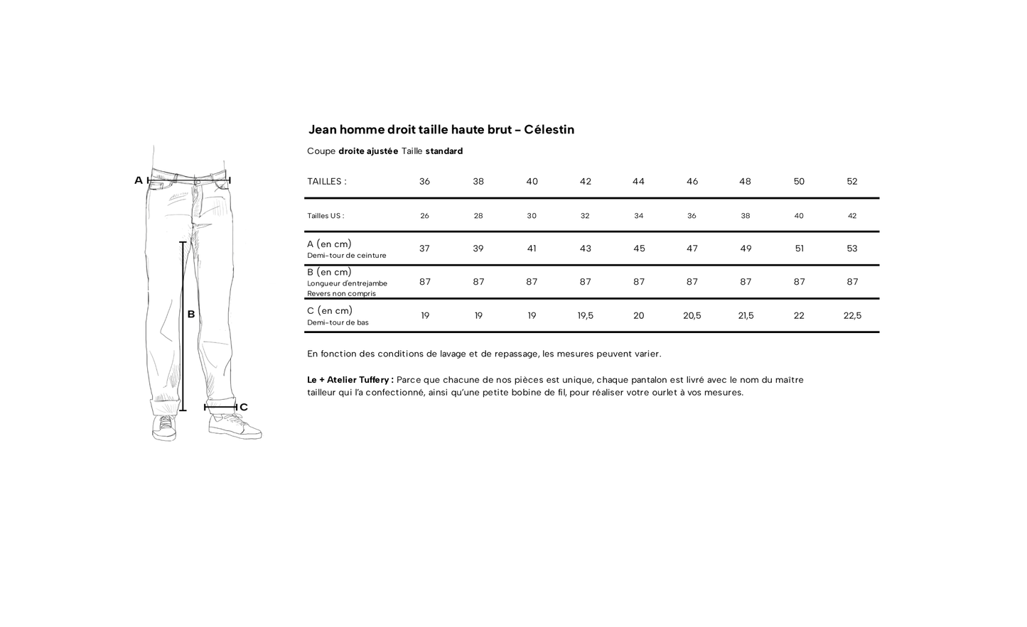 Jean homme droit taille haute brut - Célestin